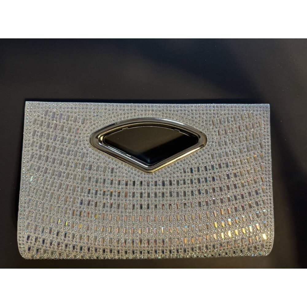 Blush Evening Lurex Silver Glitter Clutch Purse Silver Crystals Rhinestones NEW